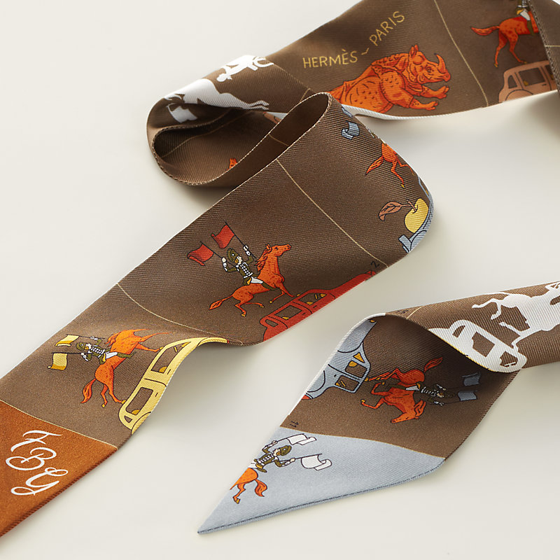 エルメス Twilly Hermes Parade (Marron / Gris / Orange) HERMES Silk Parade CG Twilly Marron Gris Orange 1523390